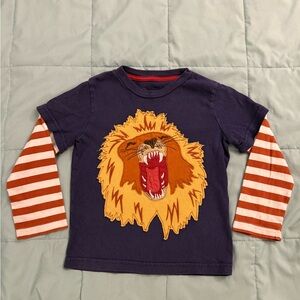 Mini Boden Navy Lion Tee with Rust Striped Sleeves